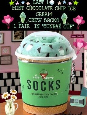 🆕️LAST 1🎉MINT CHOCOLATE CHIP ICE CREAM CREW SOCKS 1 PAIR  IN "SUNDAE CUP"
